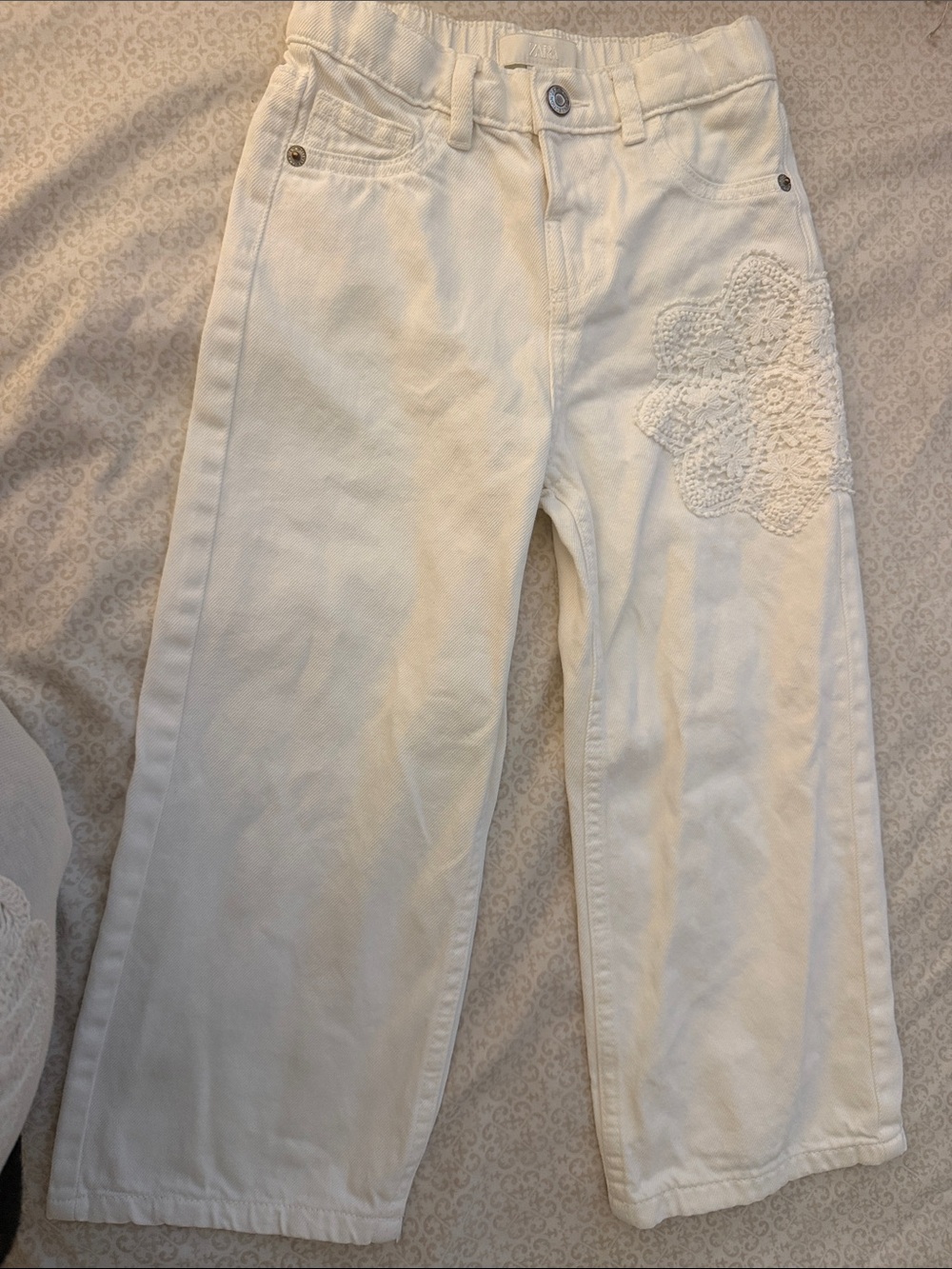 Zara Cream Wide-Leg Kids Jeans with Crochet Flower